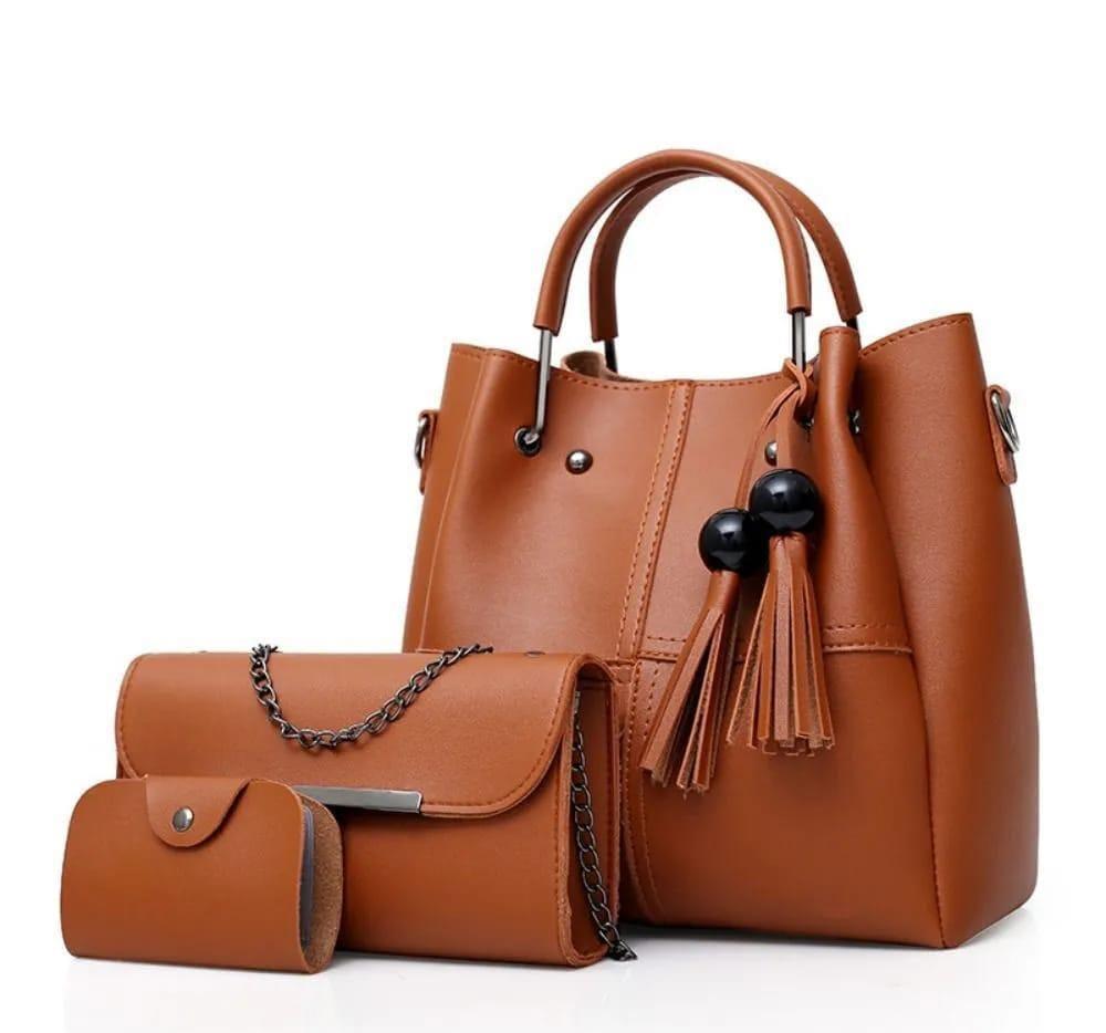 Women’s PU Leather Plain Handbag Set | Elegant Brown Daily Bag