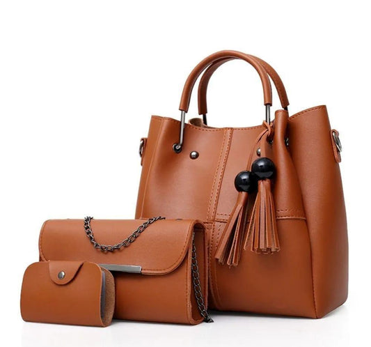 Women’s PU Leather Plain Handbag Set | Elegant Brown Daily Bag