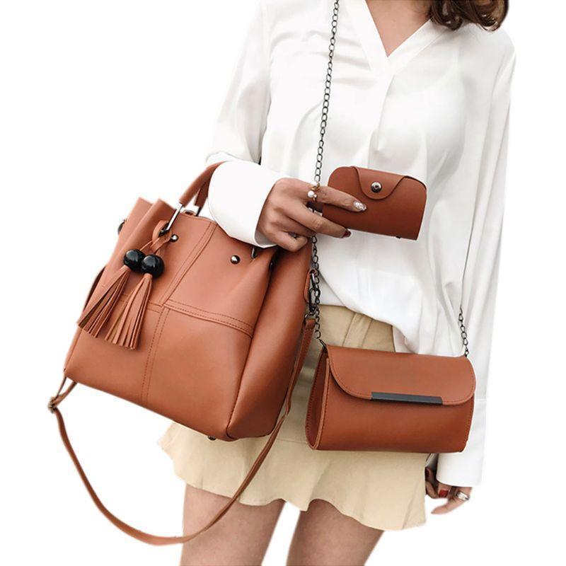 Women’s PU Leather Plain Handbag Set | Elegant Brown Daily Bag